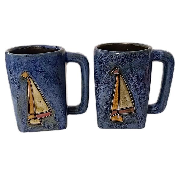 2 Mara Mexico Sailboat Mugs Cups Handmade Pottery Coastal Beach House Nautical - Picture 7 of 16